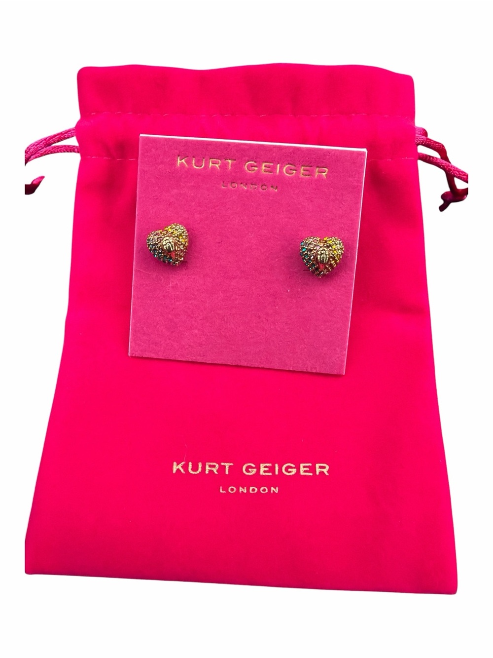 NWT Kurt Geiger London Rainbow Crystal Heart Stud Earrings w/ Pouch